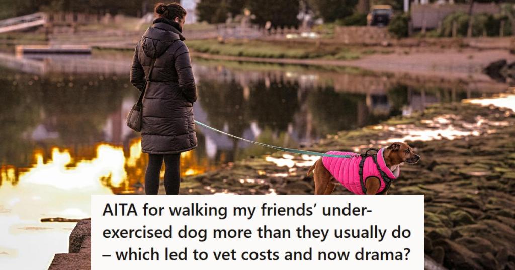 Woman standing on the shore of a lake with her dog