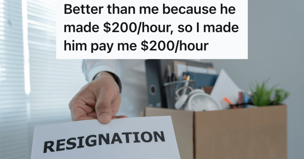 man holding out a piece of paper that reads "resignation"