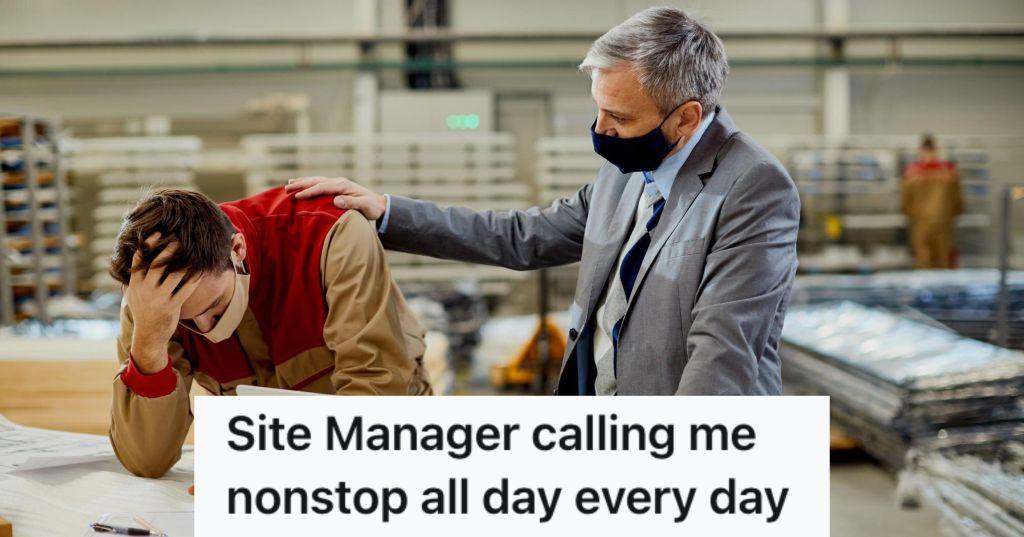Boss tapping his employee on the shoulder while he's feeling tired and upset