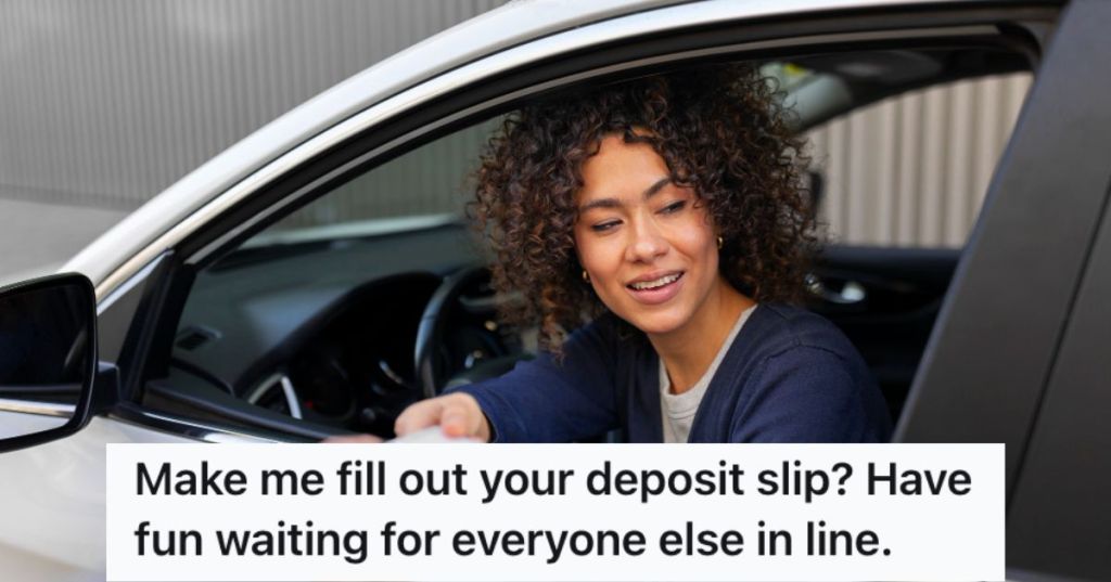 Woman in her car doing drive thru banking