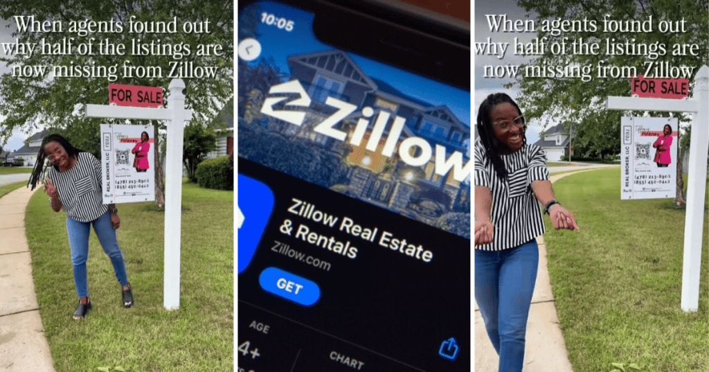 Real estate agent with sign and Zillow logo