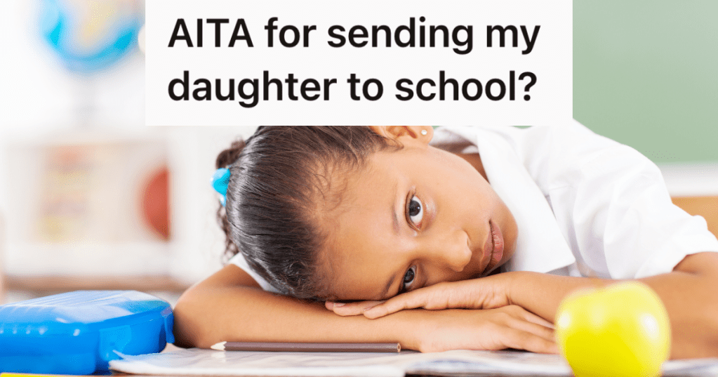 little girl resting her head on her school desk